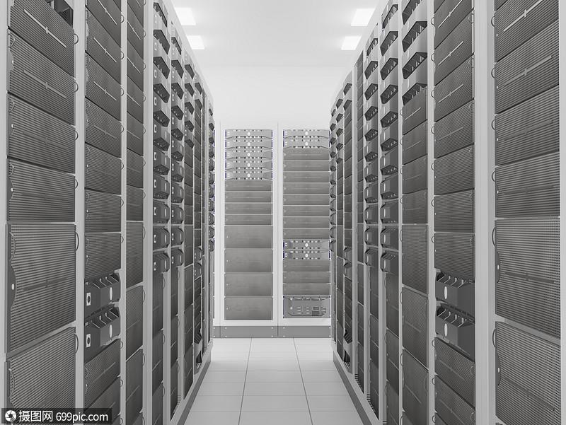 计算机网络服务器机房3d渲染代表互联网托管公司数据中心的